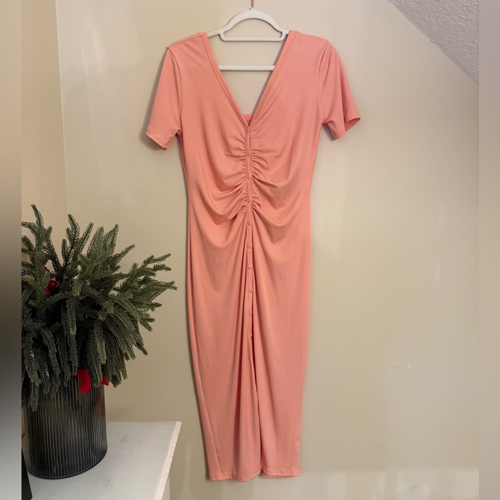Elegant Pink Ruched Midi Dress